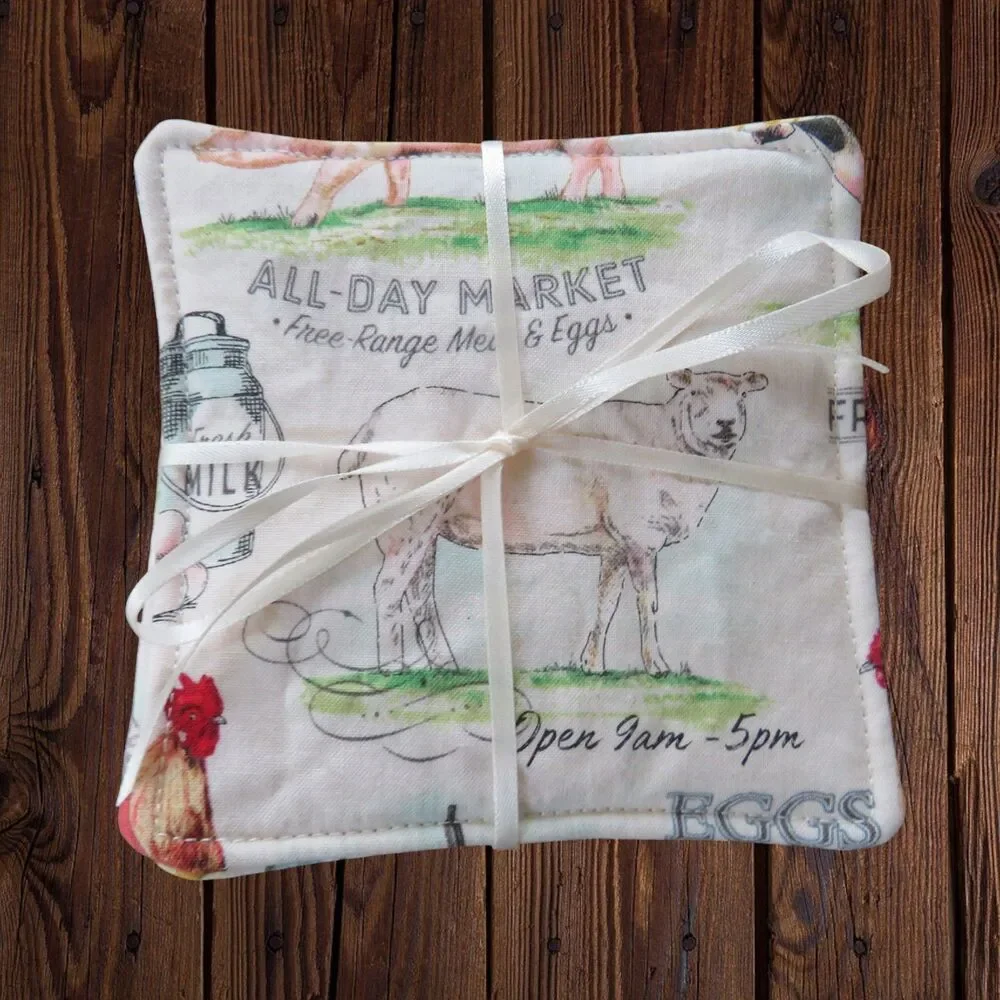 Fabric Coasters, Set Of 4, Farm Animal Reversible Country Floral Mug Rugs